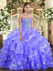 Customized Floor Length Lavender Ball Gown Prom Dress Organza Sleeveless Embroidery and Ruffled Layers