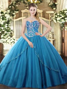 Blue Ball Gowns Beading Quinceanera Dresses Lace Up Tulle Sleeveless