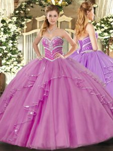 Latest Lilac Sleeveless Floor Length Beading and Ruffles Lace Up Vestidos de Quinceanera