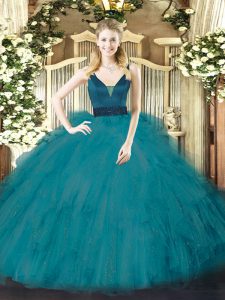 Sweet Sleeveless Floor Length Beading and Ruffles Zipper Quinceanera Gowns with Teal