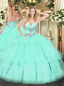 Fashion Apple Green 15th Birthday Dress Military Ball and Sweet 16 and Quinceanera with Beading and Ruffled Layers Sweetheart Sleeveless Lace Up