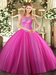 Best Selling Ball Gowns Sweet 16 Quinceanera Dress Hot Pink Scoop Tulle Sleeveless Floor Length Lace Up