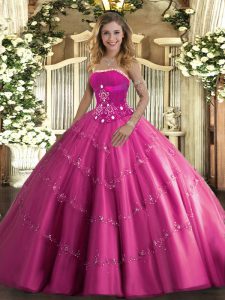 Dynamic Floor Length Lace Up Quinceanera Gowns Hot Pink for Military Ball and Sweet 16 and Quinceanera with Beading and Appliques