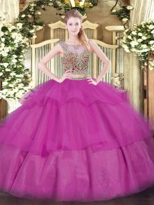 Fuchsia Two Pieces Tulle Scoop Sleeveless Beading and Ruffled Layers Floor Length Lace Up Quinceanera Dresses