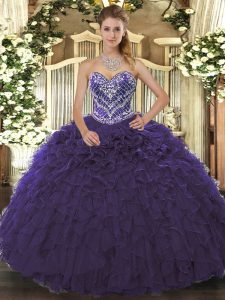 Purple Ball Gowns Beading and Ruffled Layers Vestidos de Quinceanera Lace Up Tulle Sleeveless Floor Length