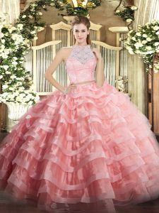 Great Lace and Ruffled Layers 15 Quinceanera Dress Watermelon Red Zipper Sleeveless Floor Length