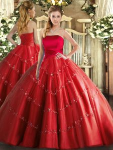 Shining Red Tulle Lace Up Ball Gown Prom Dress Sleeveless Floor Length Appliques