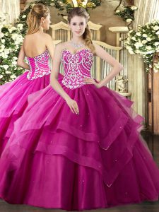 Fuchsia Ball Gowns Beading and Ruffled Layers Quinceanera Gown Lace Up Tulle Sleeveless Floor Length