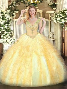 Gold V-neck Lace Up Beading and Ruffles Sweet 16 Dress Sleeveless