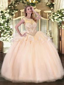 Scoop Sleeveless Quinceanera Gown Floor Length Beading Peach Organza