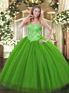 Sleeveless Floor Length Appliques Lace Up Quince Ball Gowns with Green