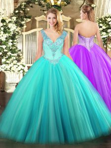 Ideal Beading Sweet 16 Dress Aqua Blue Lace Up Sleeveless Floor Length