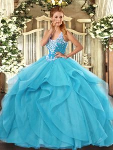 Sumptuous Aqua Blue Sweet 16 Quinceanera Dress Military Ball and Sweet 16 and Quinceanera with Beading and Ruffles Straps Sleeveless Lace Up