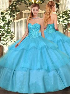 Aqua Blue Ball Gowns Sweetheart Sleeveless Tulle Floor Length Lace Up Beading and Ruffled Layers Vestidos de Quinceanera