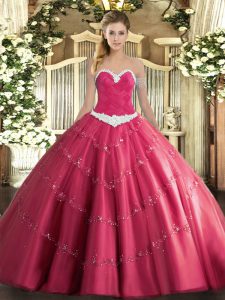 Fashionable Sleeveless Floor Length Appliques Lace Up Sweet 16 Dress with Hot Pink