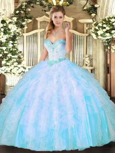 Dramatic Floor Length Lace Up Quinceanera Dress Aqua Blue for Military Ball and Sweet 16 and Quinceanera with Beading and Ruffles