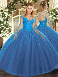 Floor Length Teal Quinceanera Gown Scoop Long Sleeves Lace Up