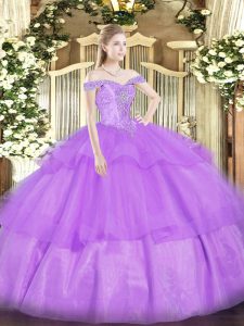 Sleeveless Floor Length Beading and Ruffled Layers Lace Up Quinceanera Gowns with Lavender
