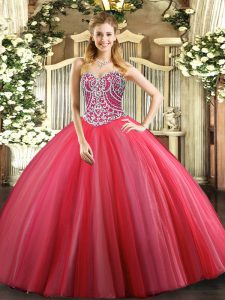 Coral Red Ball Gowns Sweetheart Sleeveless Tulle Floor Length Lace Up Beading 15th Birthday Dress