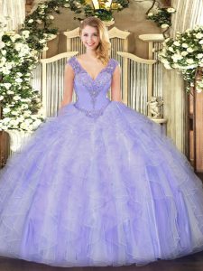 Nice Lavender Sweet 16 Dresses Military Ball and Sweet 16 and Quinceanera with Beading and Ruffles V-neck Sleeveless Lace Up