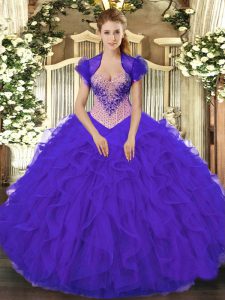 Custom Designed Organza Sweetheart Sleeveless Lace Up Beading and Ruffles 15th Birthday Dress in Purple
