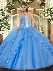 Glittering Baby Blue Sleeveless Beading and Ruffles Floor Length Quinceanera Gowns
