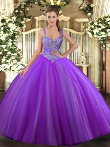 Smart Purple Ball Gowns Tulle V-neck Sleeveless Beading Floor Length Lace Up Sweet 16 Dress