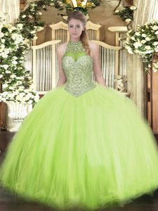 Yellow Green Lace Up Halter Top Beading Quinceanera Dresses Tulle Sleeveless