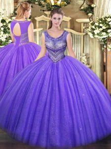 Glamorous Tulle Scoop Sleeveless Lace Up Beading Vestidos de Quinceanera in Lavender