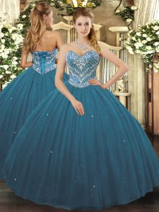 Flare Floor Length Lace Up Quinceanera Dresses Teal for Military Ball and Sweet 16 and Quinceanera with Beading