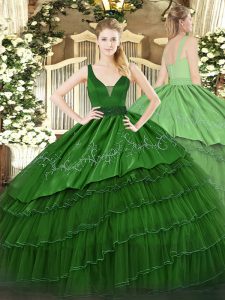 Discount Sleeveless Organza and Taffeta Floor Length Zipper 15 Quinceanera Dress in Dark Green with Beading and Embroidery and Ruffled Layers