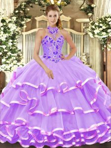 Organza Halter Top Sleeveless Lace Up Beading and Embroidery and Ruffled Layers Quinceanera Gown in Lavender