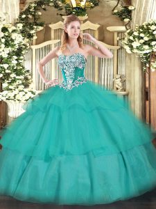 Sexy Sleeveless Floor Length Beading and Ruffled Layers Lace Up Quince Ball Gowns with Turquoise