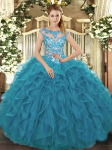 Suitable Cap Sleeves Floor Length Beading and Ruffles Lace Up Quinceanera Gowns with Teal