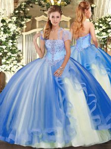 Strapless Sleeveless Vestidos de Quinceanera Floor Length Appliques and Ruffles Blue Tulle