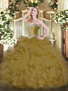 Brown Ball Gowns Organza Sweetheart Sleeveless Beading and Ruffles Floor Length Lace Up Sweet 16 Quinceanera Dress