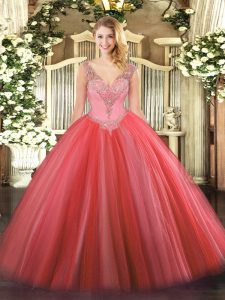 Coral Red Lace Up Quince Ball Gowns Beading Sleeveless Floor Length