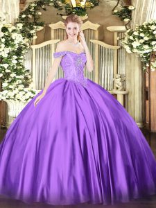 Unique Floor Length Purple Ball Gown Prom Dress Off The Shoulder Sleeveless Lace Up