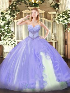 Sweet Lavender Ball Gowns Sweetheart Sleeveless Tulle Floor Length Lace Up Beading and Ruffles Sweet 16 Quinceanera Dress