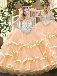 Pretty Peach Scoop Neckline Beading and Ruffled Layers Sweet 16 Quinceanera Dress Sleeveless Zipper
