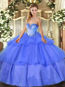 Modest Blue Lace Up Vestidos de Quinceanera Beading and Ruffled Layers Sleeveless Floor Length