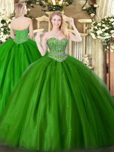 Green Tulle Lace Up Sweetheart Sleeveless Floor Length Sweet 16 Dresses Beading