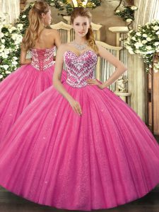 Most Popular Floor Length Ball Gowns Sleeveless Hot Pink Sweet 16 Dress Lace Up