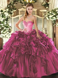 Sweetheart Sleeveless Lace Up Sweet 16 Dress Fuchsia Organza