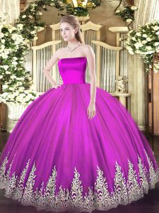 New Arrival Fuchsia Sweet 16 Quinceanera Dress Military Ball and Sweet 16 and Quinceanera with Appliques Strapless Sleeveless Zipper