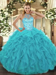 Aqua Blue 15th Birthday Dress Military Ball and Sweet 16 and Quinceanera with Beading and Embroidery and Ruffles Halter Top Sleeveless Lace Up