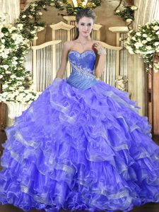 Sleeveless Floor Length Beading and Ruffled Layers Lace Up Vestidos de Quinceanera with Blue