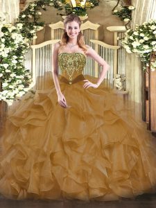 Brown Lace Up Strapless Beading and Ruffles Vestidos de Quinceanera Organza Sleeveless