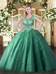 Gorgeous Scoop Sleeveless Tulle Ball Gown Prom Dress Beading and Appliques Lace Up