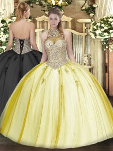 Stunning Beading and Appliques Quinceanera Dresses Yellow Lace Up Sleeveless Floor Length